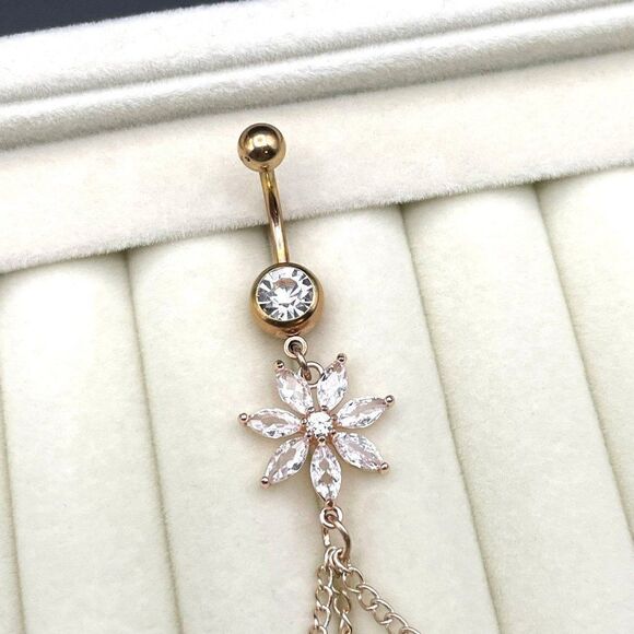 316L Stainless Steel with White Diamond Cubic Zirconia Flower 14G Belly Ring - Picture 5 of 10